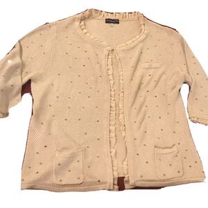 Colleen Lopez BEIGE tan shiny knit hook Cardigan sweater ruffles 3/4 sleeves 3X